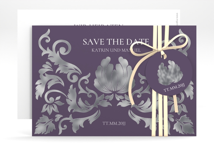 Save the Date-Karte Royal A6 Karte quer lila silber mit barockem Blumen-Ornament