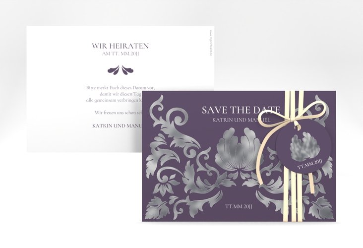 Save the Date-Karte Royal A6 Karte quer lila silber mit barockem Blumen-Ornament