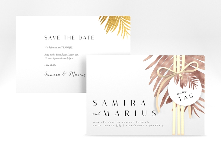 Save the Date-Karte Palmenblatt A6 Karte quer gold rosegold mit Palmenwedel