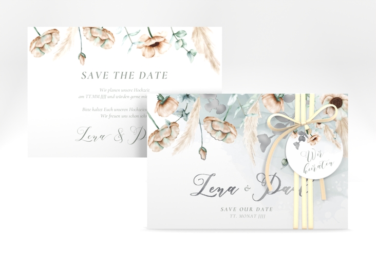 Save the Date-Karte Anemone A6 Karte quer mint silber