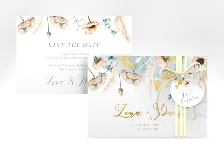 Save the Date-Karte Anemone A6 Karte quer mint gold