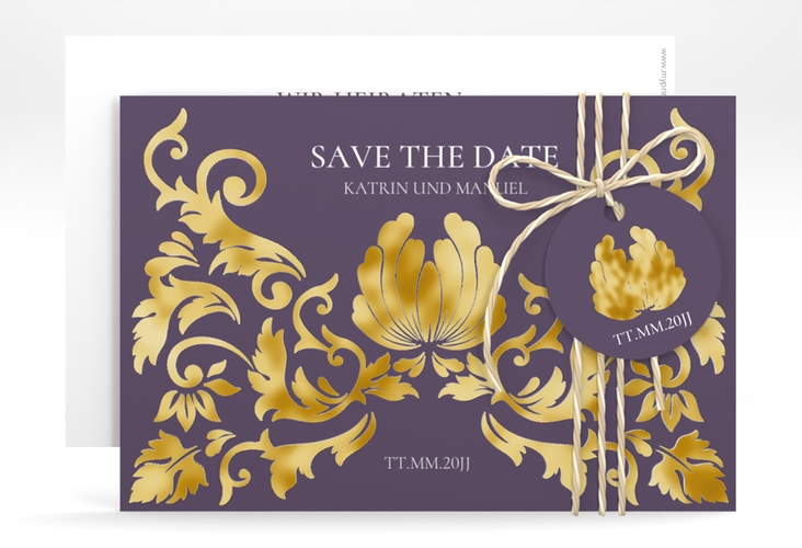 Save the Date-Karte Royal A6 Karte quer lila gold mit barockem Blumen-Ornament