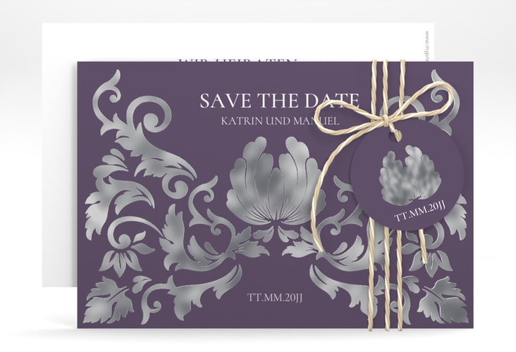 Save the Date-Karte Royal A6 Karte quer lila silber mit barockem Blumen-Ornament