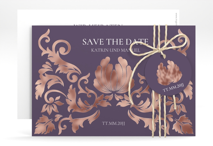 Save the Date-Karte Royal A6 Karte quer lila rosegold mit barockem Blumen-Ornament