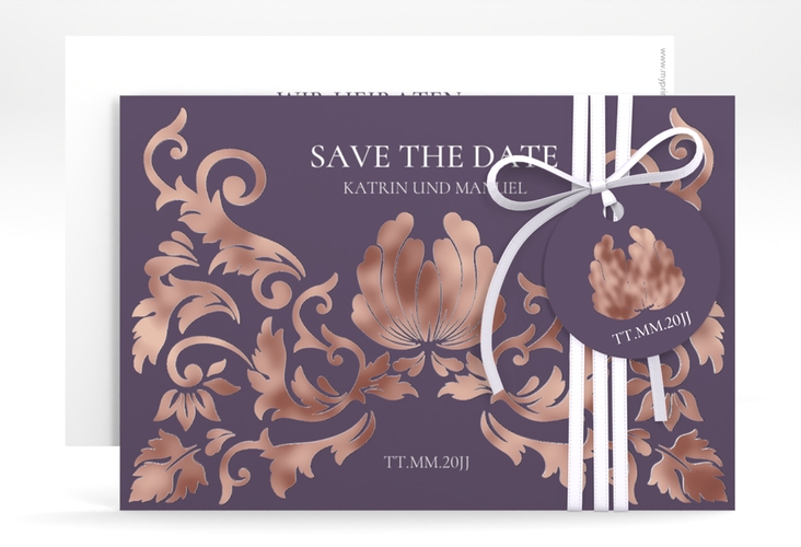 Save the Date-Karte Royal A6 Karte quer lila rosegold mit barockem Blumen-Ornament