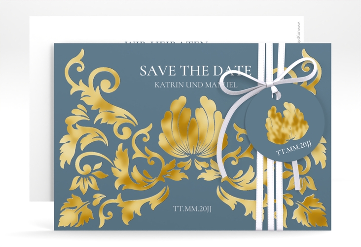 Save the Date-Karte Royal A6 Karte quer blau gold mit barockem Blumen-Ornament