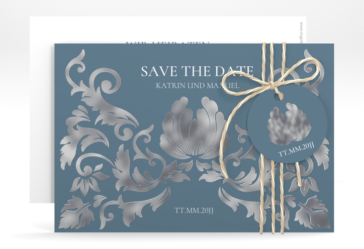 Save the Date-Karte Royal A6 Karte quer blau silber mit barockem Blumen-Ornament