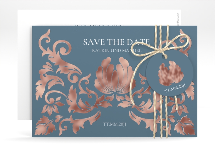 Save the Date-Karte Royal A6 Karte quer blau rosegold mit barockem Blumen-Ornament